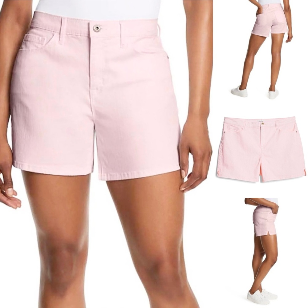 Jessica Simpson Denim High Rise Short Side Slit Relaxed Fit 5” Stretch Pink